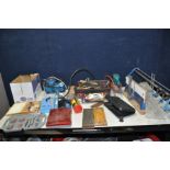 A TRAY CONTAINING HANDTOOLS AND A MINI COMPRESSOR (untested) including a multimeter, screwdrivers,