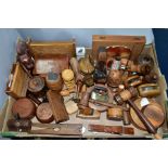 A BOX OF TREEN, to include two gavels, small woodworking planes, a bulls head pipe, a clog shaped