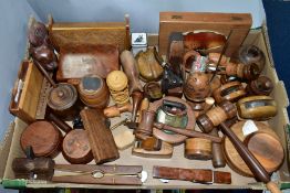 A BOX OF TREEN, to include two gavels, small woodworking planes, a bulls head pipe, a clog shaped