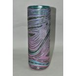 RICHARD GOLDING FOR OKRA GLASS, a cylindrical purple/blue iridescent vase with a textured surface,