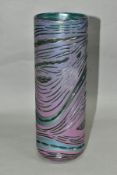 RICHARD GOLDING FOR OKRA GLASS, a cylindrical purple/blue iridescent vase with a textured surface,