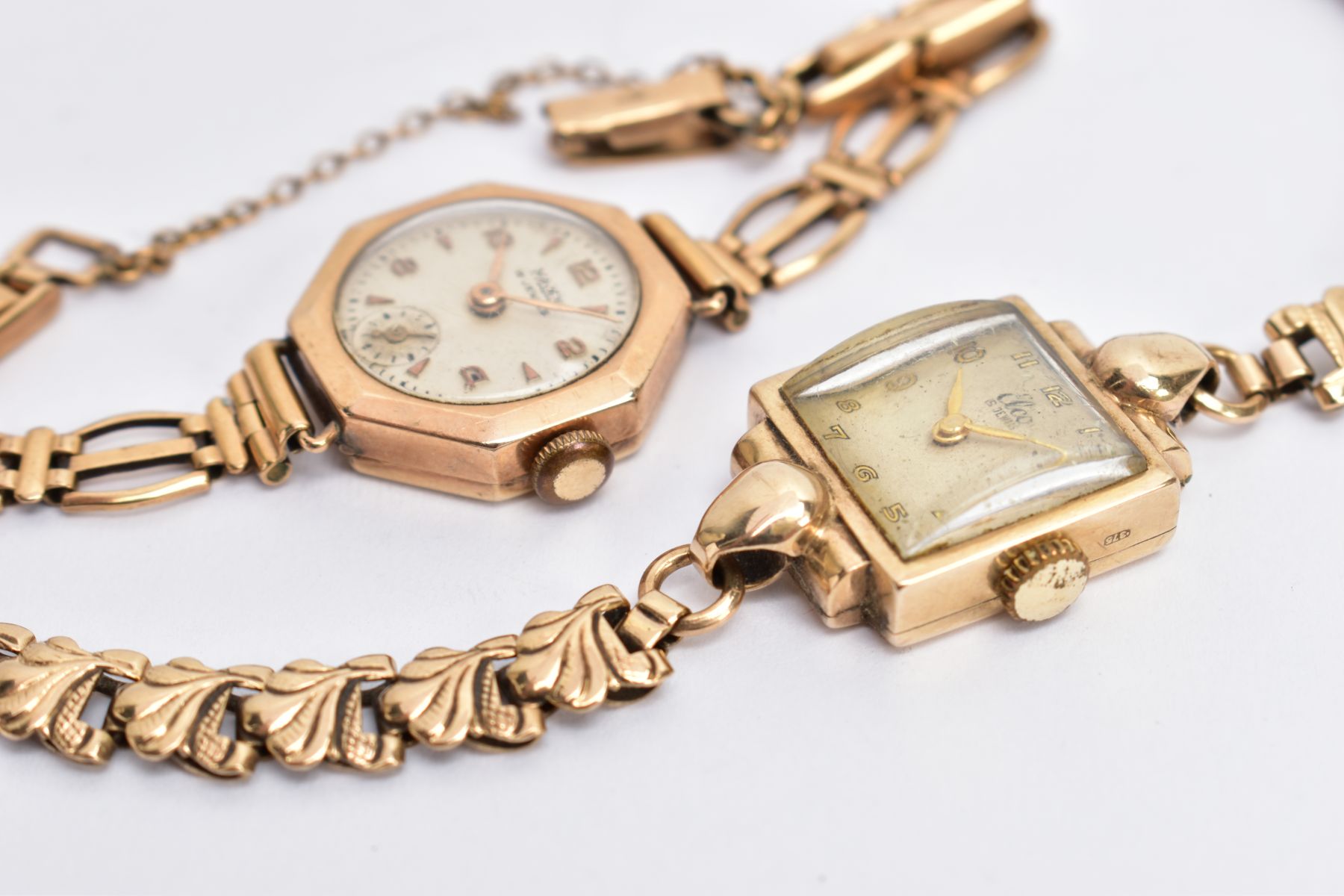 TWO EARLY TO MID 20TH CENTURY GOLD LADY'S MECHANICAL HAND WOUND WRISTWATCHES, a Elco square dial, to - Image 4 of 4