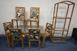 A FAUX RATTAN GLASS TOP DINING TABLE, length 151cm x depth 92cm x height 77cm, six chairs and a