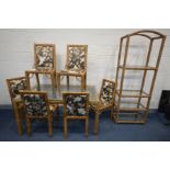 A FAUX RATTAN GLASS TOP DINING TABLE, length 151cm x depth 92cm x height 77cm, six chairs and a