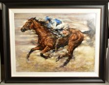 GARY BENFIELD (BRITISH 1965), a dramatic study of a horse and jockey in full gallop, signed bottom