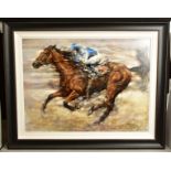 GARY BENFIELD (BRITISH 1965), a dramatic study of a horse and jockey in full gallop, signed bottom