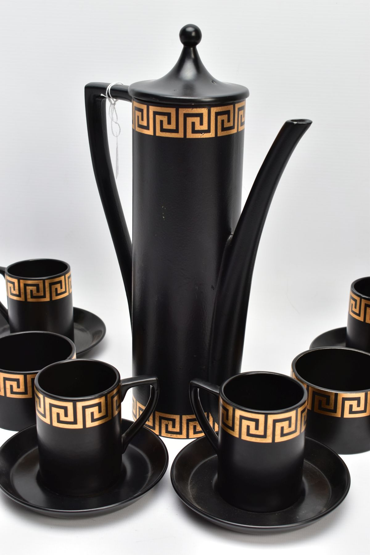 A PORTMEIRION COFFEE SET by Susan Williams-Ellis with gilt Greek key border decoration, on a black - Image 2 of 7