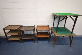 AN EDWARDIAN MAHOGANY TEA TROLLEY, two early 20th century oak tea trolleys and two folding bridge