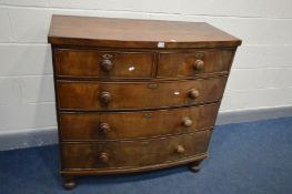 A VICTORIAN MAHOGANY BOWFRONT CHEST OF TWO SHORT OVER THREE LONG GRADUATED DRAWERS, on bun feet,