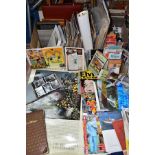 FOUR BOXES OF EPHEMERA, BOOKS, FOLDED MAPS, ETC, including black and white and colour family