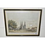 A 19TH CENTURY PRINT 'THE CATHEDRAL CHURCH AND CLOSE OF LICHFIELD' a view looking towards the