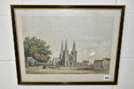 A 19TH CENTURY PRINT 'THE CATHEDRAL CHURCH AND CLOSE OF LICHFIELD' a view looking towards the