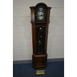 A MODERN MAHOGANY CORNER LONGCASE CLOCK, tempus fugit to dial and chime/silent lever, height