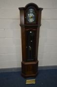 A MODERN MAHOGANY CORNER LONGCASE CLOCK, tempus fugit to dial and chime/silent lever, height