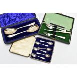 A SELECTION OF CUTLERY, to include a cased set of silver coffee spoons, hallmark for London 1941,