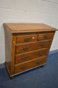 A 19TH CENTURY PINE CHEST OF TWO OVER THREE LONG DRAWERS, later varnished and handles, on bulbous