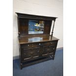 AN EARLY 20TH CENTURY OAK GEOMETRIC MIRRORBACK SIDEBOARD, with drawers, width 134cm x depth 58cm x