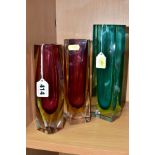 THREE MURANO CASED GLASS VASES, comprising two geometric vases with clear and yellow over red, one