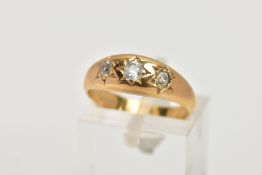 AN EARLY 20TH CENTURY THREE STONE DIAMOND GYPSY STYLE RING, estimated old cut diamond weight 0.35ct,