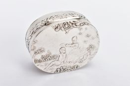 A SILVER OVAL CONTINENTAL SNUFF BOX, repousse figures of a lady placing a laurel leaf on a head,