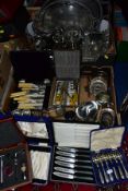 TWO BOXES OF SILVER PLATE AND STAINLESS STEEL etc, including cased and loose cutlery and flatware, a