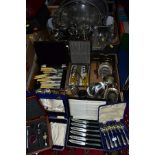 TWO BOXES OF SILVER PLATE AND STAINLESS STEEL etc, including cased and loose cutlery and flatware, a