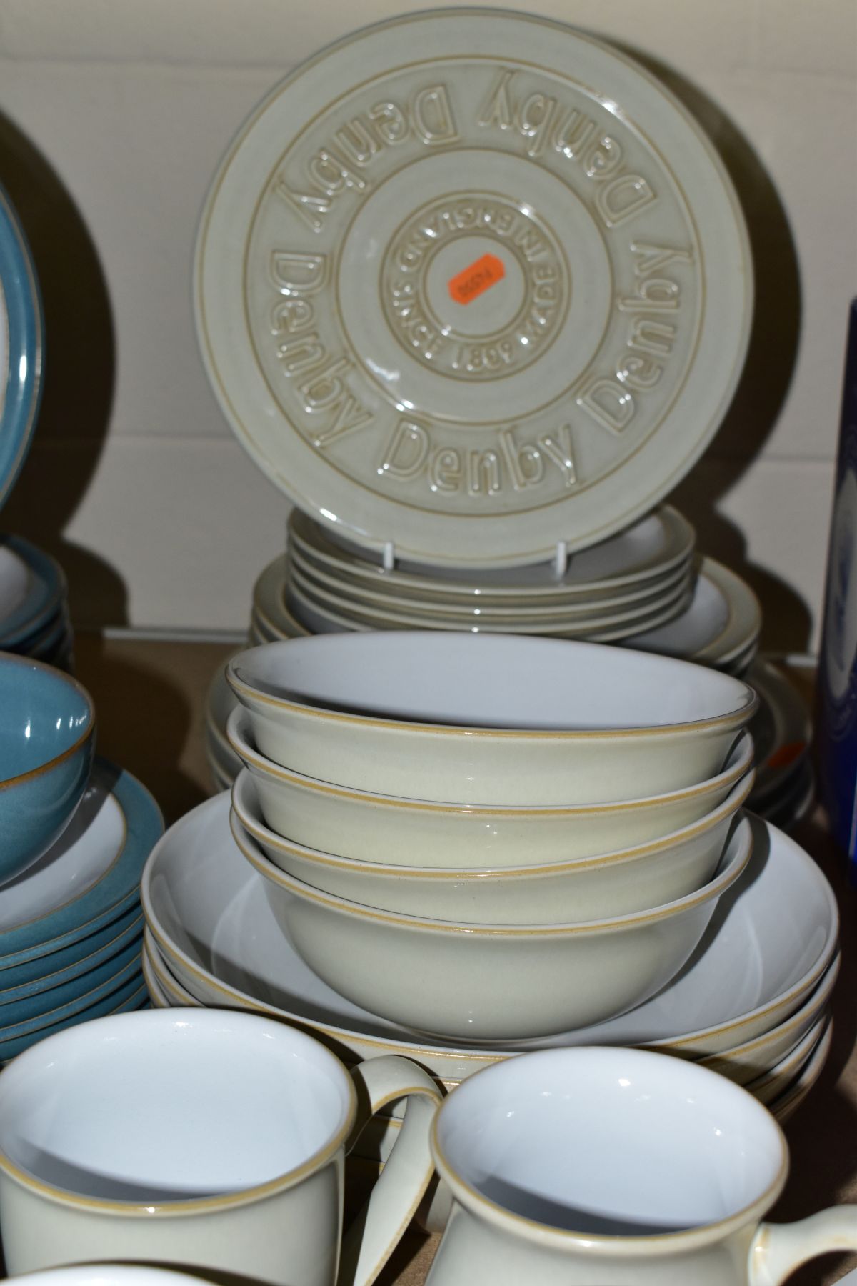 A QUANTITY OF DENBY DINNER WARES, in blue and stone coloured glazes, in the stone glaze three - Image 4 of 9