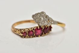 TWO EARLY 20TH CENTURY GEM SET RINGS. A daisy diamond cluster ring, estimated single cut diamond