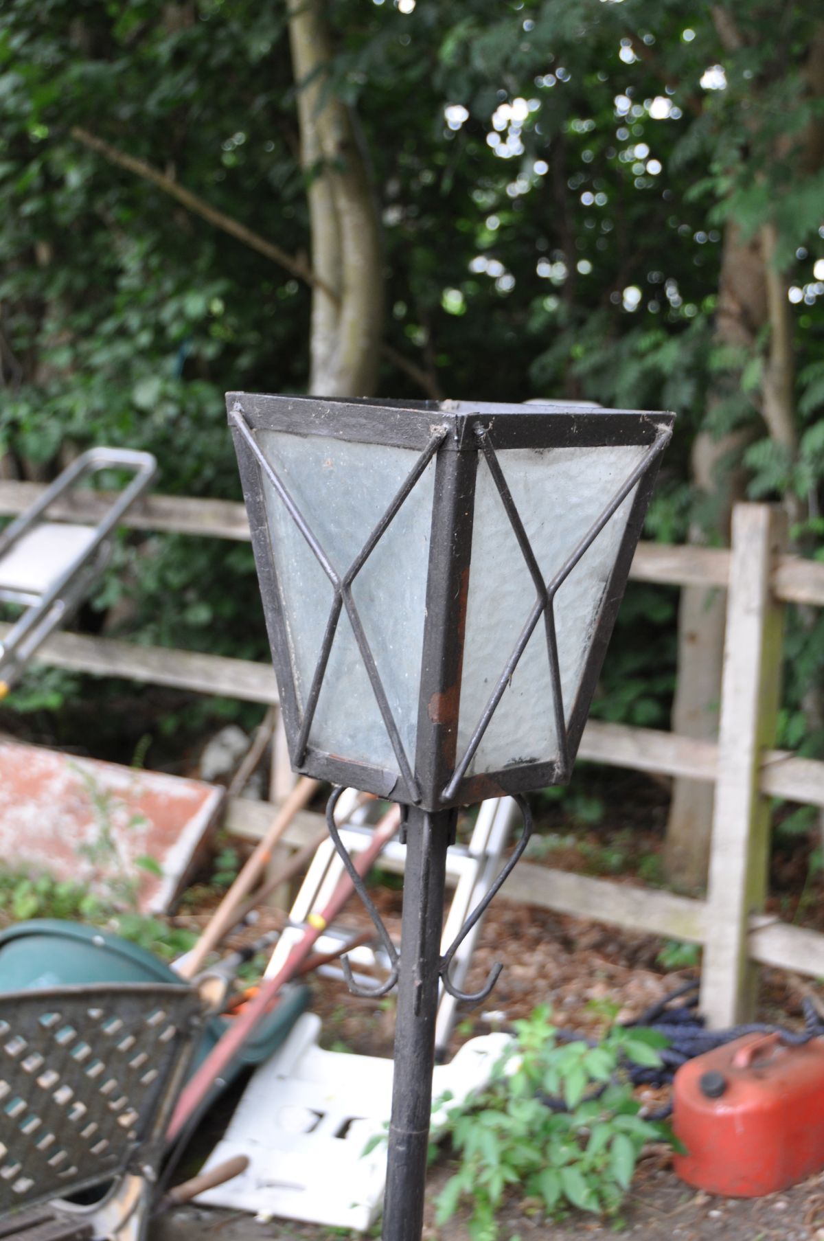 A METAL AND WOOD STEP LADDER, an aluminium step stool and a wrought iron garden lamp (no lid to top) - Image 3 of 3