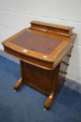 A LATE VICTORIAN BURR WALNUT AND AMBONYA CROSSBANDED DAVENPORT, lidded stationery compartment