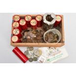 A WOODEN BOX CONTAINING UK COINS to include some late pre decimal penny coins, some U.N.C in part