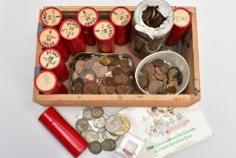 A WOODEN BOX CONTAINING UK COINS to include some late pre decimal penny coins, some U.N.C in part