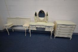 A CREAM FRENCH STYLE THREE PIECE BEDROOM SUITE, comprising a kidney dressing table with separate