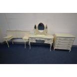A CREAM FRENCH STYLE THREE PIECE BEDROOM SUITE, comprising a kidney dressing table with separate