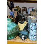 A GROUP OF STUDIO/STONEWARE POTTERY, mostly by Eileen Higgins, to include slab vases, baluster