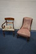 A LATE VICTORIAN OAK NURSING CHAIR, along with regency open armchair (2)