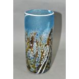 A MARTIN ANDREWS STUDIO GLASS CYLINDRICAL VASE, the mottled blue ground with an abstract design