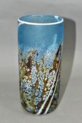 A MARTIN ANDREWS STUDIO GLASS CYLINDRICAL VASE, the mottled blue ground with an abstract design