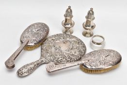 SEVEN ITEMS OF SILVERWARE, to include a pair of late Victorian silver salt and peppers of baluster