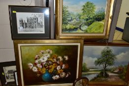 SIX LATE 20TH CENTURY OIL PAINTINGS, etc, comprising a landscape with tree and cottage, signed