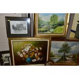 SIX LATE 20TH CENTURY OIL PAINTINGS, etc, comprising a landscape with tree and cottage, signed