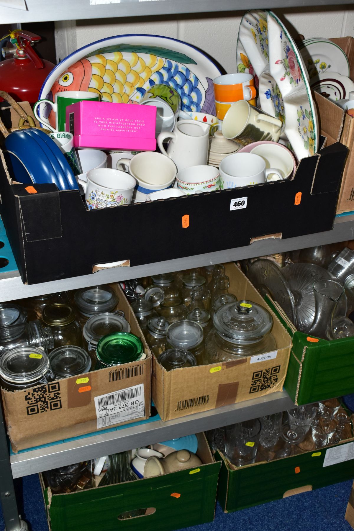 SEVEN BOXES AND LOOSE KITCHEN CROCKERY AND GLASSWARE, including mugs, kilner jars, storage jars,