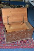 A VICTORIAN PAINTED PINE BLANKET BOX with fitted candle box to interior, 88cm x 49cm