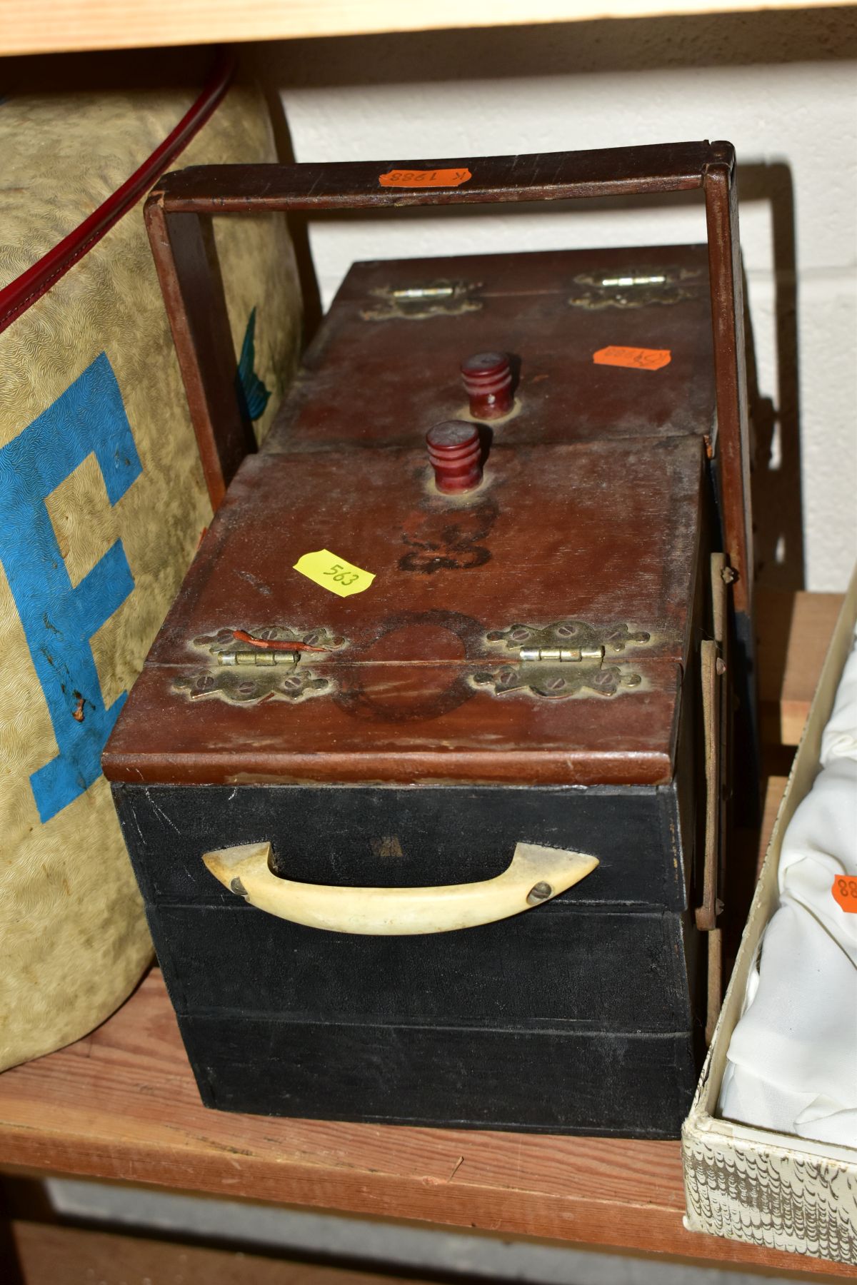 TWO BOXES, A STORAGE BOX AND LOOSE PICTURES, STOOL, SUNDRY HOUSEHOLD ITEMS, etc, including an - Image 9 of 10