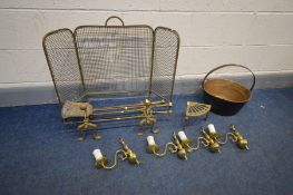 A QUANTITY OF METALWARE to include a pair of fire dogs, companion set, trivet, fire screen and