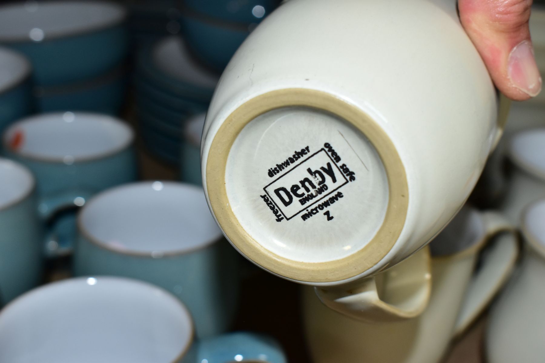 A QUANTITY OF DENBY DINNER WARES, in blue and stone coloured glazes, in the stone glaze three - Image 8 of 9