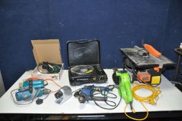 A CHALLENGE MT55 795 TABLE SAW, a Challenge Hedge Trimmer, a Powercraft Drill, a Delta electric