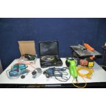 A CHALLENGE MT55 795 TABLE SAW, a Challenge Hedge Trimmer, a Powercraft Drill, a Delta electric