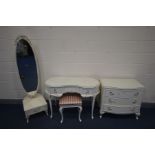 A CREAM FRENCH STYLE FOUR PIECE BEDROOM SUITE, comprising a kidney dressing table, width 108cm x