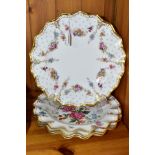 FOUR ROYAL CROWN DERBY WAVY RIMMED AND FLUTED CABINET PLATES, comprising two Royal Antoinette (one a
